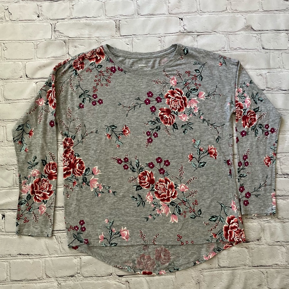Old Navy Girls 10-12 Heather Gray Floral Shirt